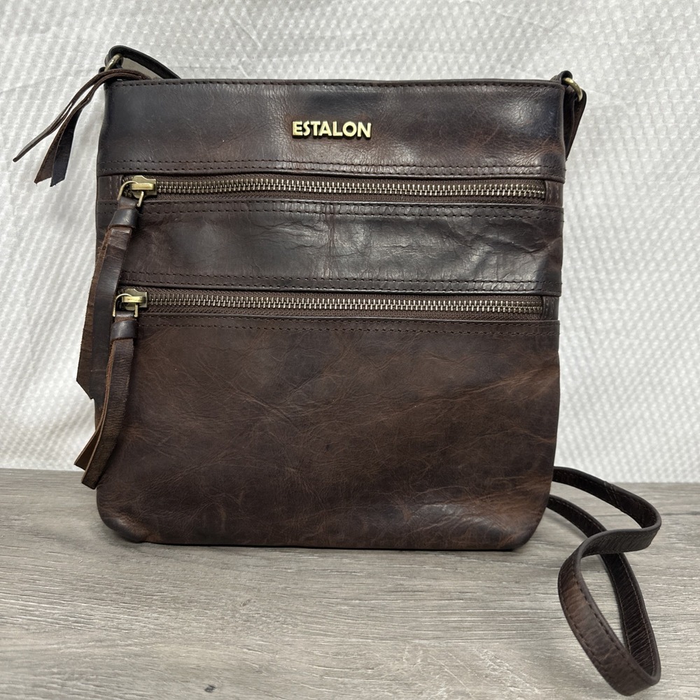 ESTALON 100% Genuine Leather Crossbody Bag Purse Distressed Dark Brown Festival